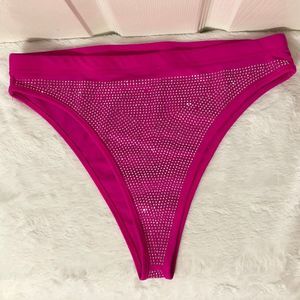 Swimsuit Bikini Bottom for Women Pink with Silver Rhinestones Size Large
